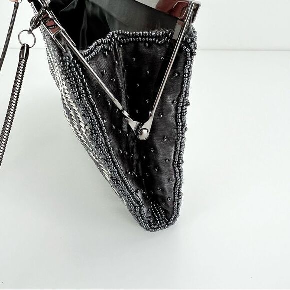 Neiman Marcus Micro Beaded black & silver clutch bag with chain - Picture 6 of 12